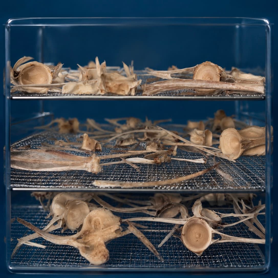 Tuna bones displayed in an acrylic case